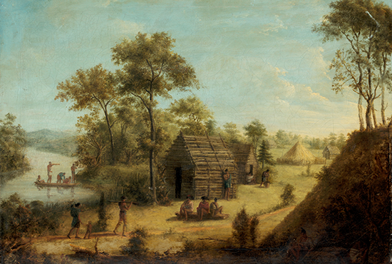 Oil painting depicting Cherokee village life in 1804 Tennessee